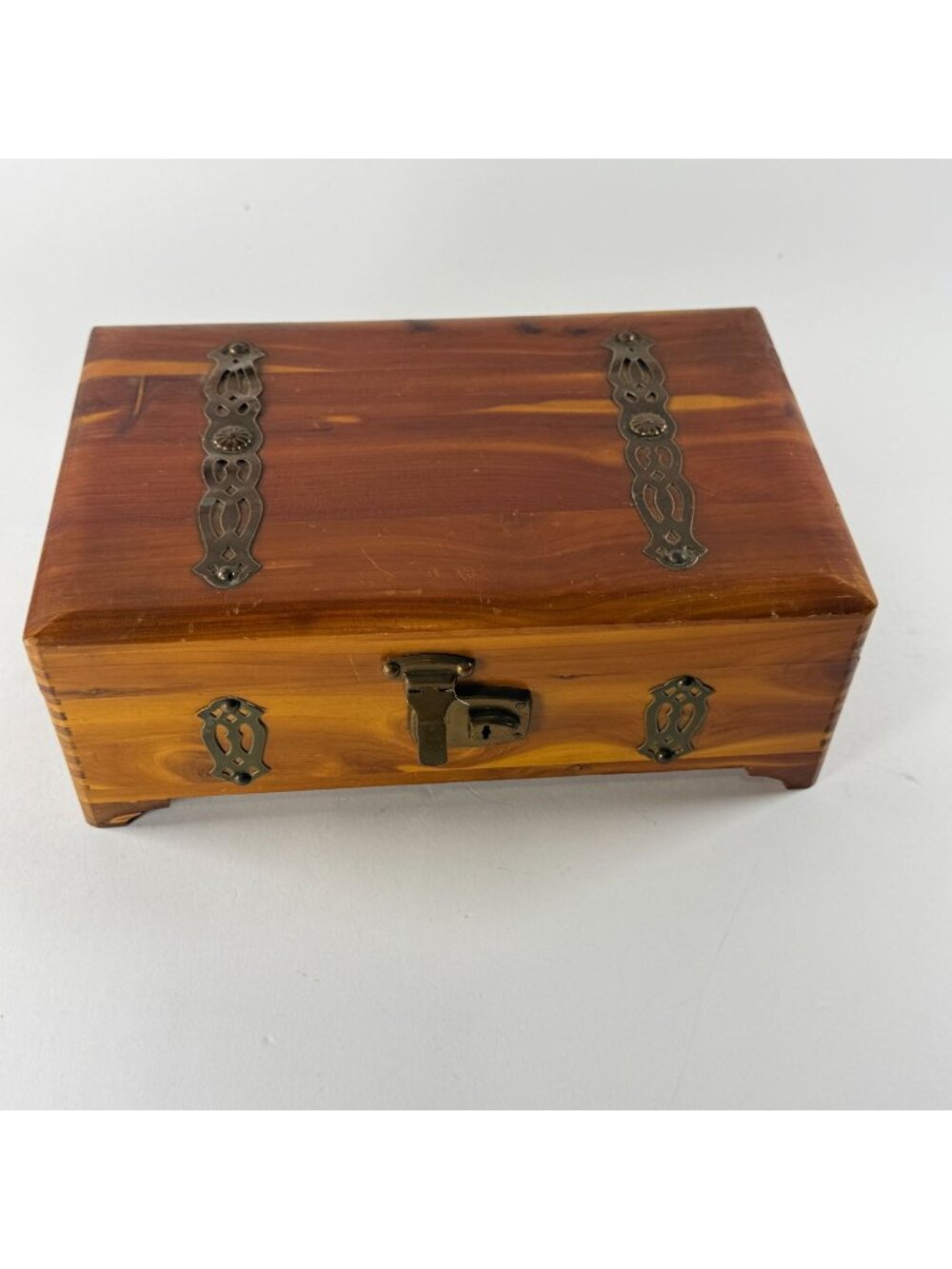 Vintage Cedar Keepsake Box Brass Hardware Wooden Trinket Jewelry Chest Decor